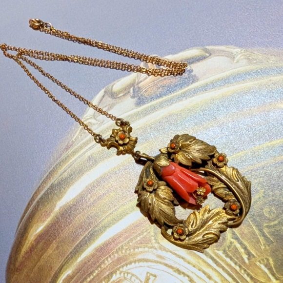 Art Nouveau Era Carved Coral Lavaliere Necklace ~ Antique - Picture 4 of 7